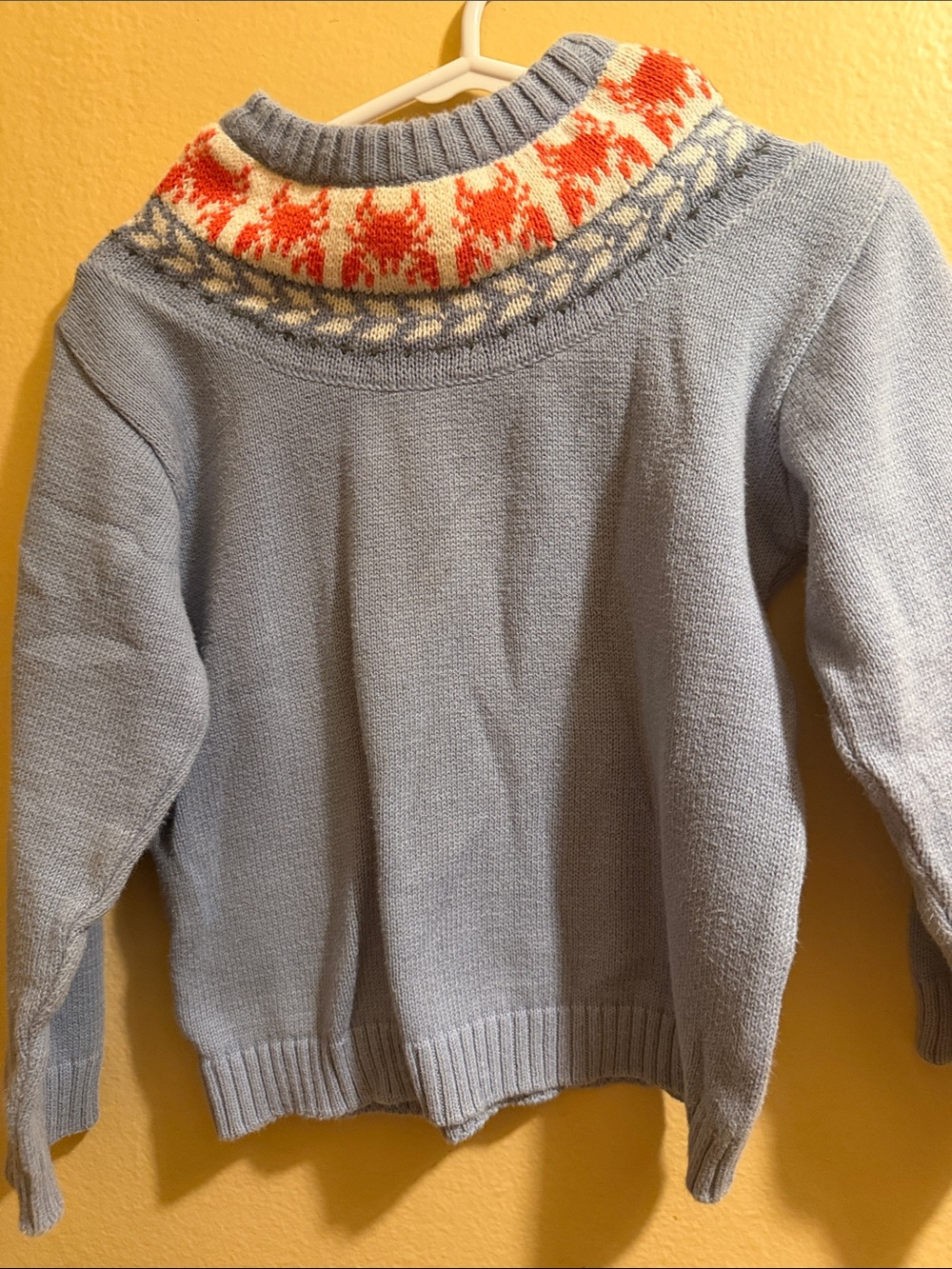 La conqueta Light Blue Pullover Sweater with Red Fair Isle Yoke